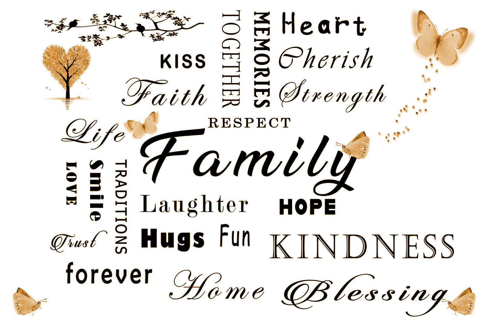 FAMILY QUOTE WORDS CREAM / SEPIA BUTTERFLY CANVAS WALL ART Picture Print