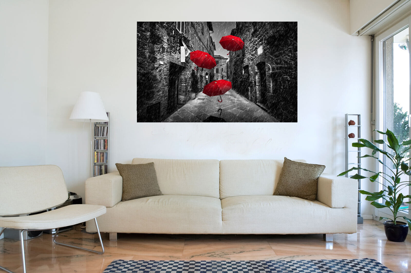 Flying red umbrellas in street in Tuscany Canvas Wall Art Picture Print