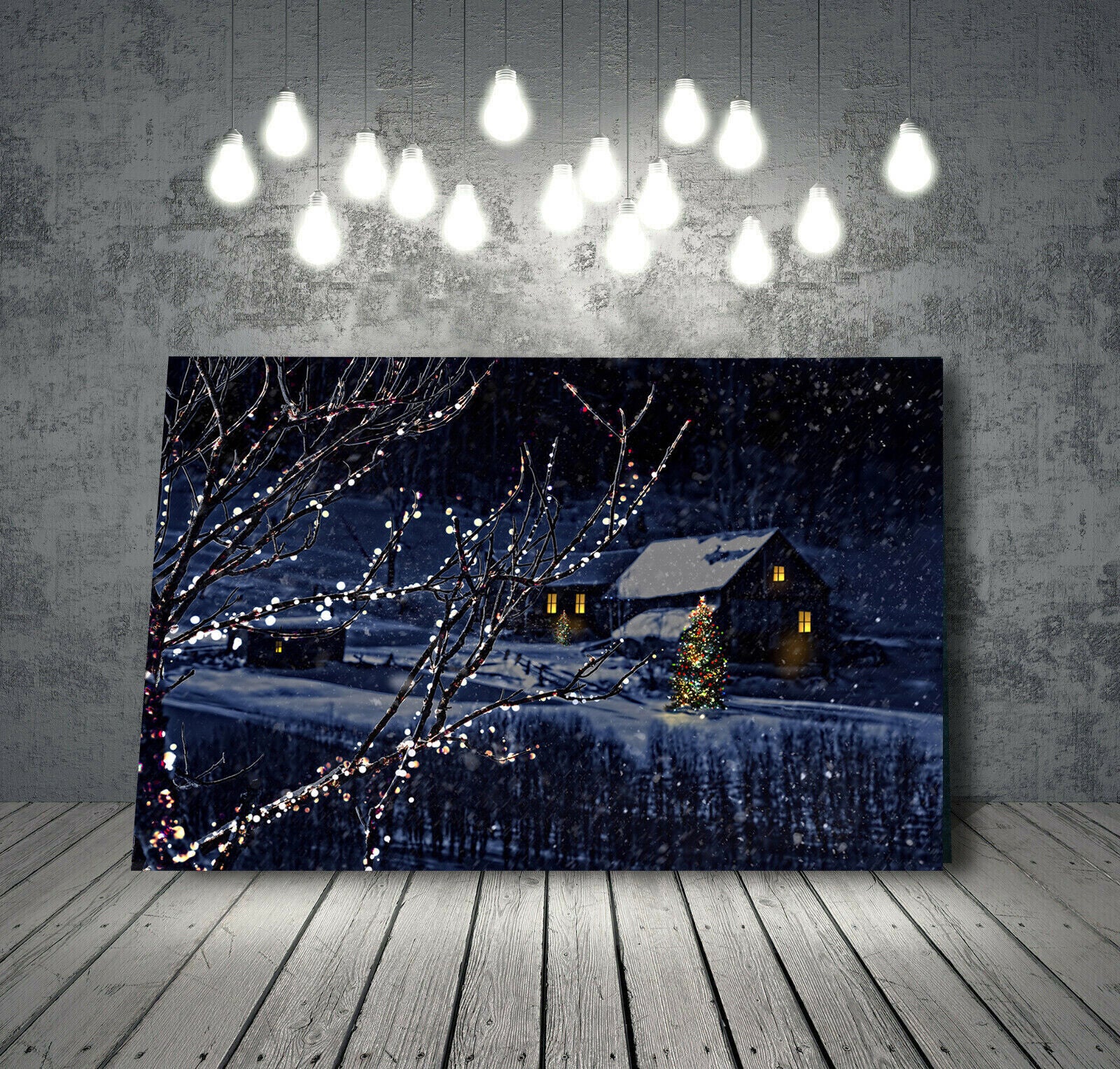 Snowy Winter Christmas Night in Village Landscape Canvas Wall Art Picture Print