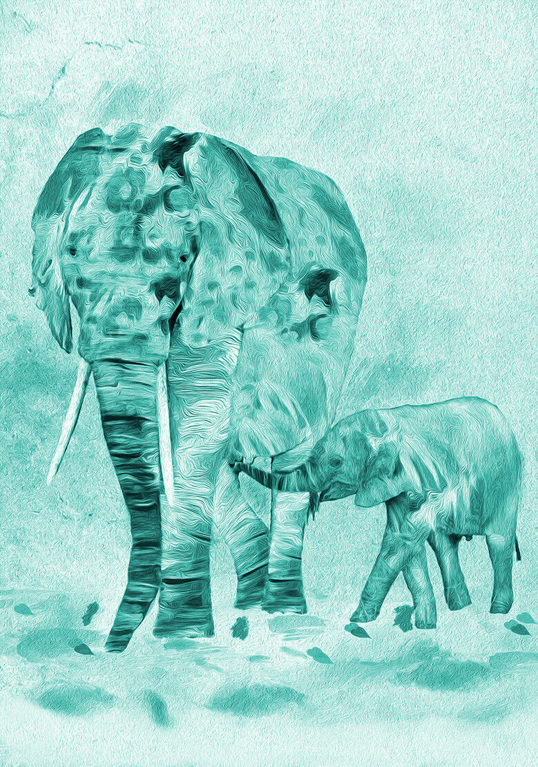 Abstract Duck Egg Blue Elephants Canvas Wall Art Picture Print - A0, A1, A2