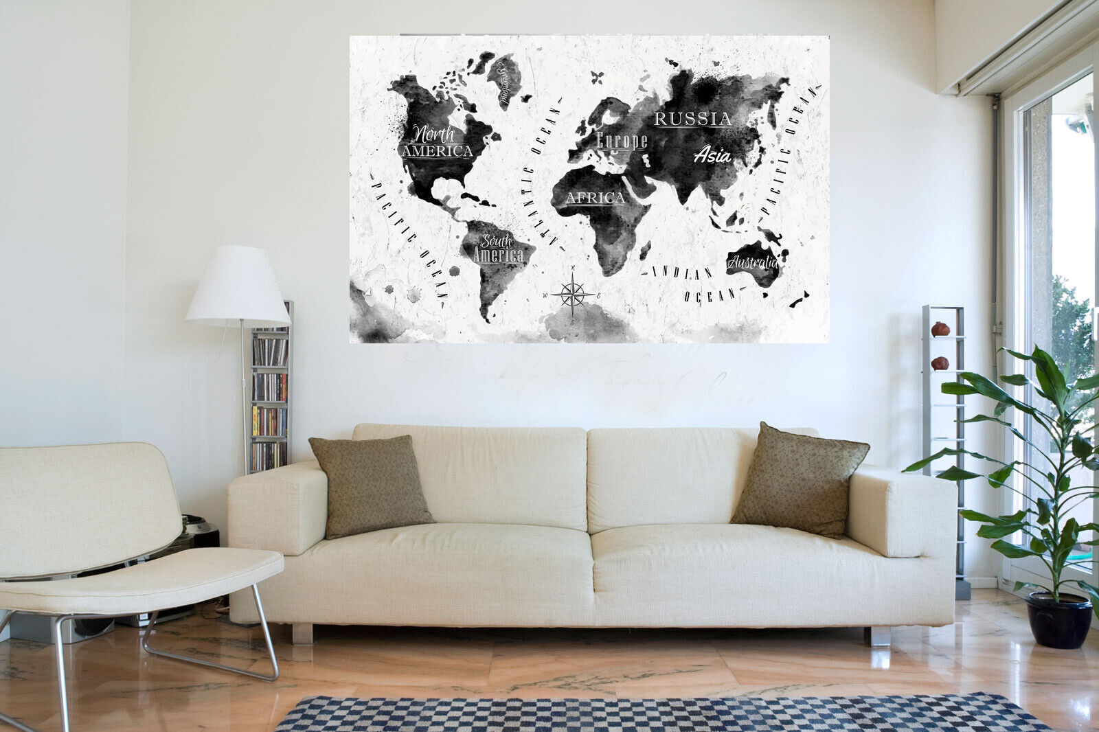 Watercolour Black Grey Abstract World Map Canvas Wall Art Picture Print