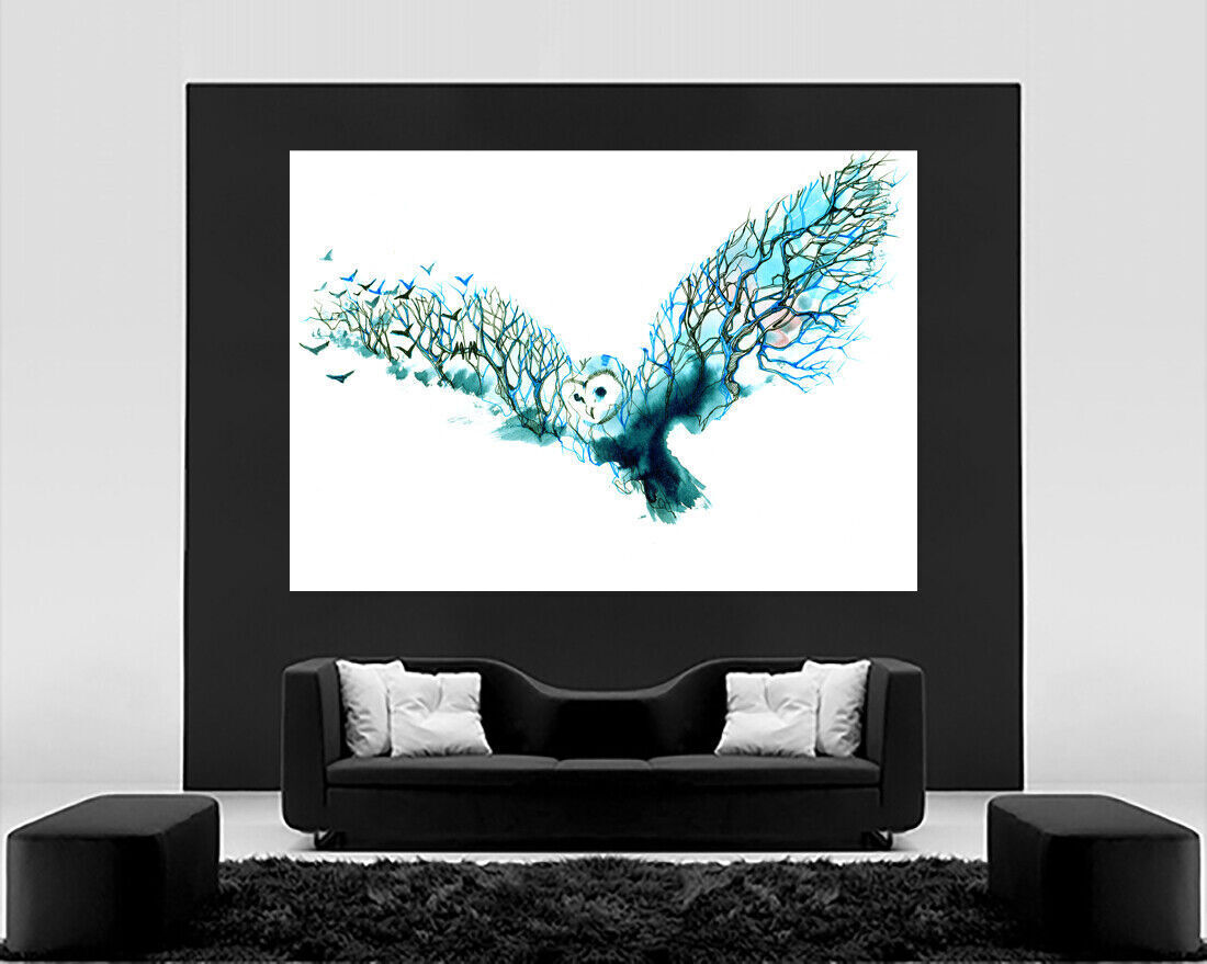 BLUE TONES WATERCOLOUR ABSTRACT OWL TREE CANVAS PRINT WALL ART PICTURE