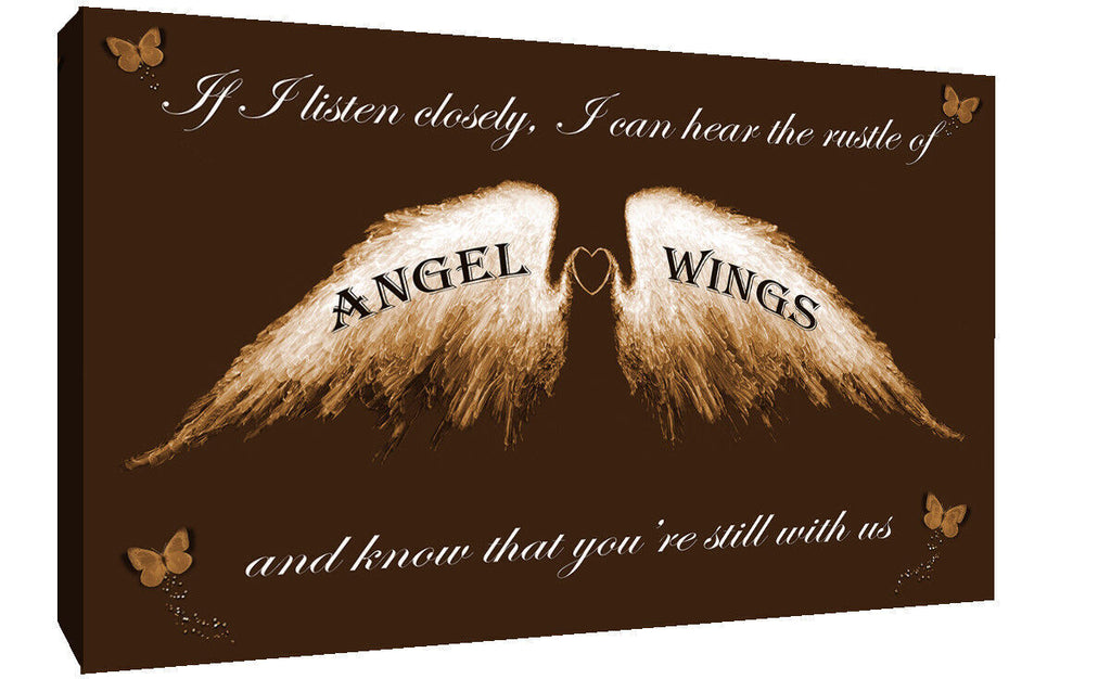 Angel Wings Wall Art Picture 'IF I Listen Closely' Quote Canvas Print Brown