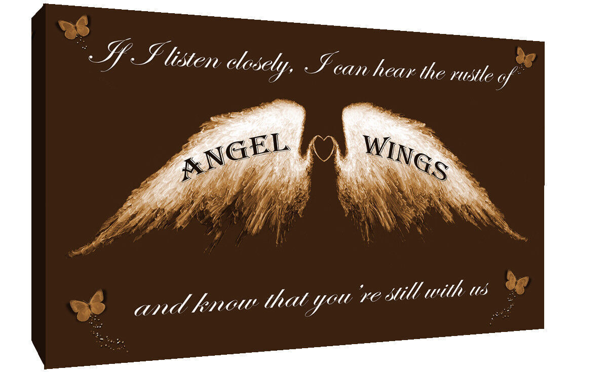 Angel Wings Wall Art Picture 'IF I Listen Closely' Quote Canvas Print Brown