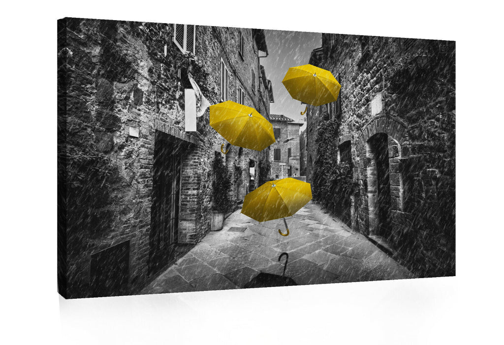 Flying yellow umbrellas in street in Tuscany Canvas Wall Art Picture Print