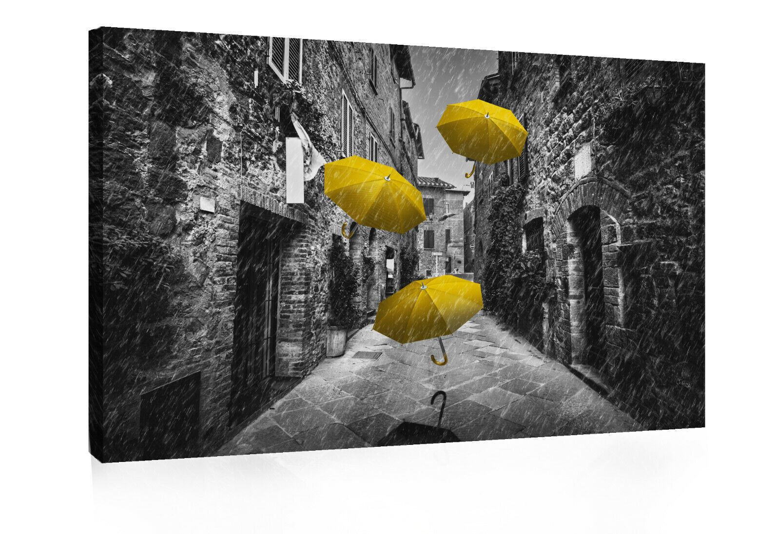 Flying yellow umbrellas in street in Tuscany Canvas Wall Art Picture Print