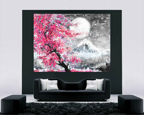 Pink Oil Painting Japan Mount Fuji Cherry Blossom Canvas Wall Art Picture Print