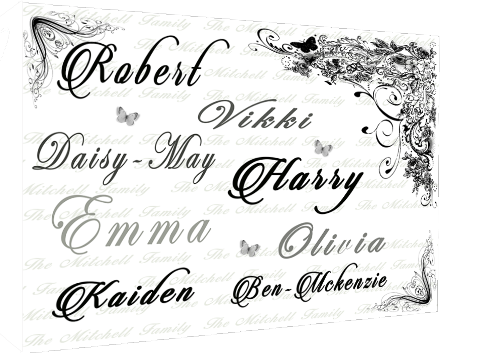 Your Family Names - Black, Grey & White Canvas Wall Art Picture Print- ALL SIZES