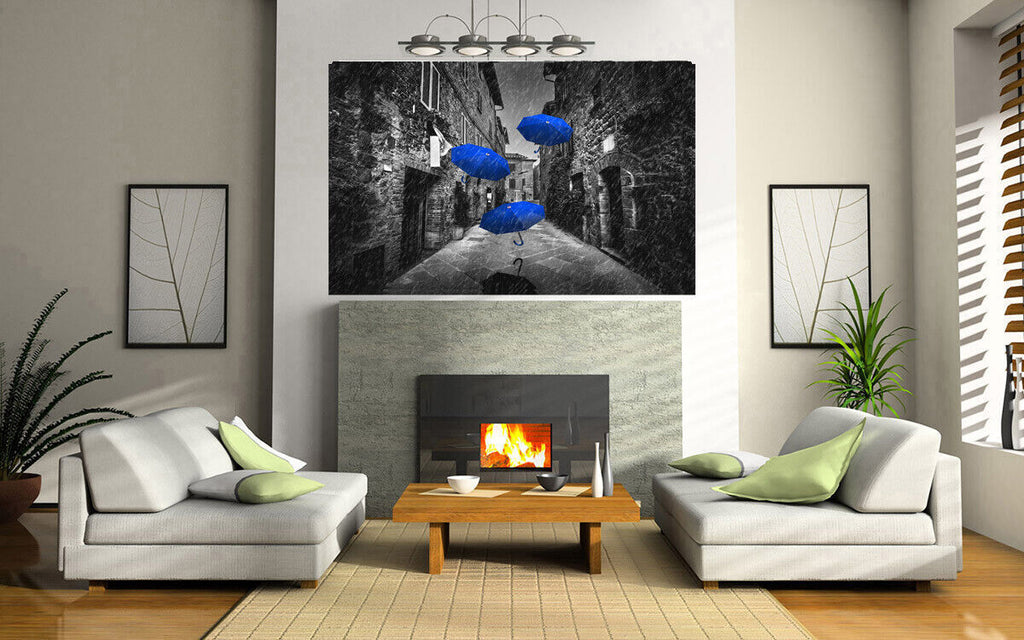 Flying black blue umbrellas in street in Tuscany Canvas Wall Art Picture Print