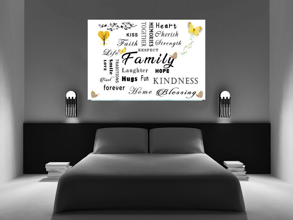 FAMILY QUOTE WORDS YELLOW / MUSTARD BUTTERFLY CANVAS WALL ART Picture Print