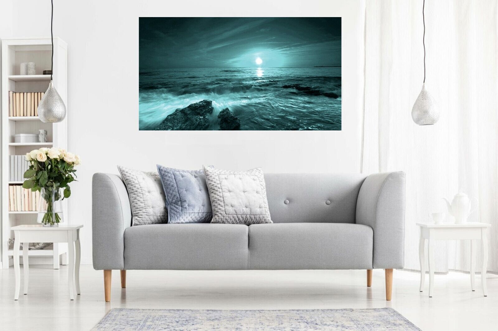 Sunset Over The Ocean seascape Teal Blue Canvas Wall Art Picture Print