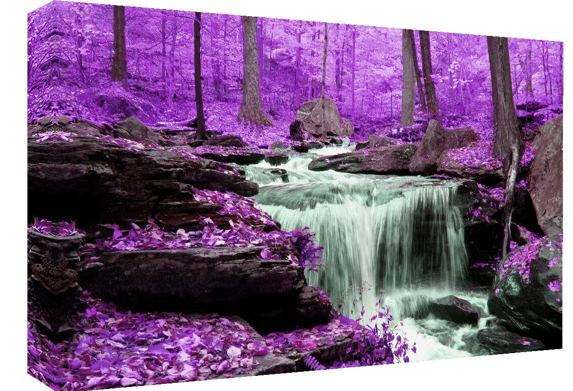 Purple Toned Waterfall in Forest Canvas Wall Art Picture  - All sizes & colours