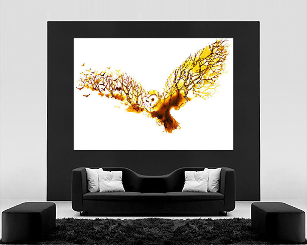 YELLOW MUSTARD WATERCOLOUR ABSTRACT OWL TREE CANVAS PRINT WALL ART PICTURE
