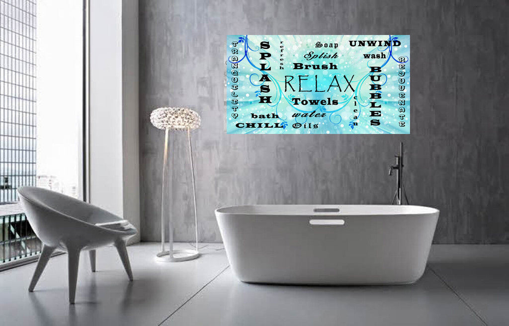 Bathroom Words Blue Tones Quote on CANVAS WALL ART Picture Print