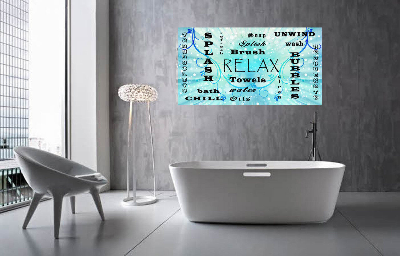 Bathroom Words Blue Tones Quote on CANVAS WALL ART Picture Print