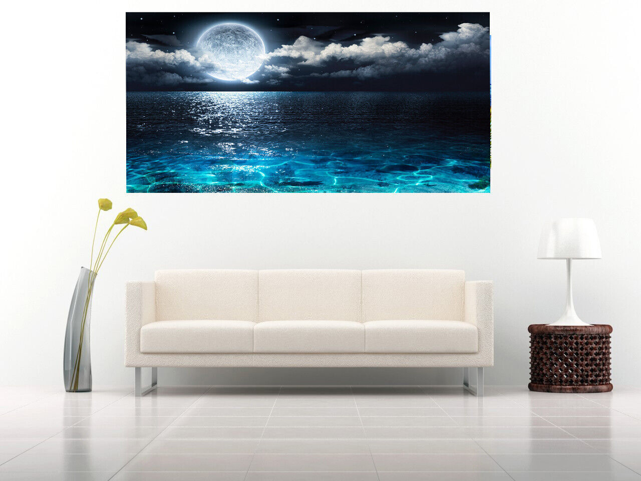 Full Moon on Sea at Night Seascape CANVAS WALL ART Picture Print - Blue