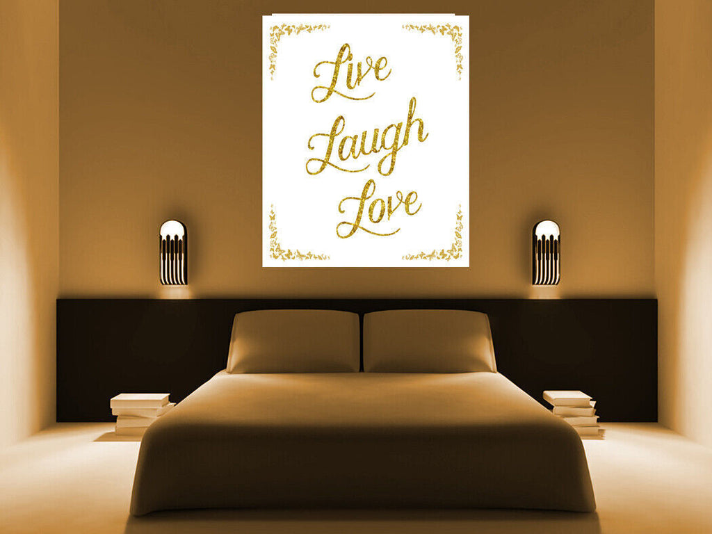 Live Laugh Love Glittery Faux Gold Quote Canvas Wall Art Picture Print