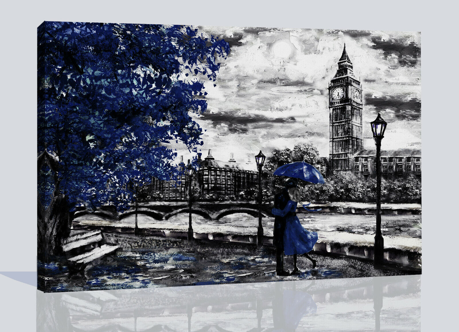 Navy Blue Oil Painting London Big Ben Umbrella Canvas Wall Art Picture Print