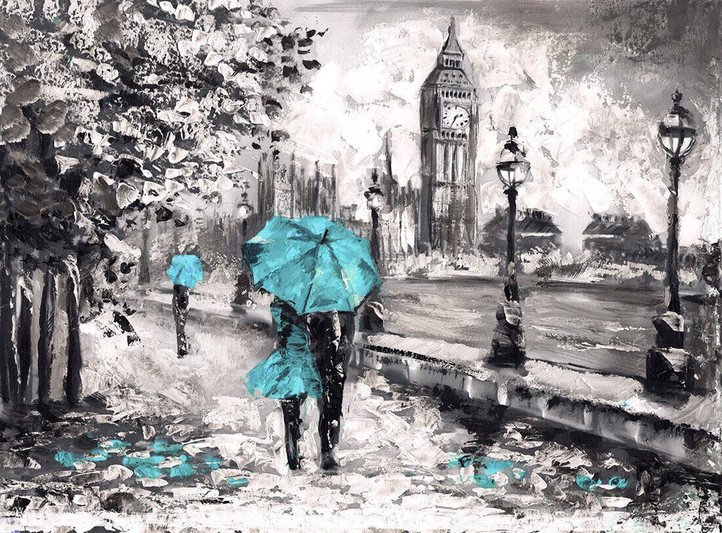Big Ben London Street View Painting Duck Egg Blue Canvas Wall Art Picture Print