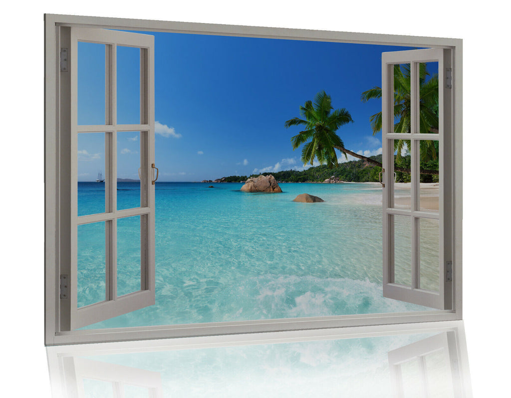 Tropical Beach Landscape View 3D Window Canvas Wall Art Picture Print - 2