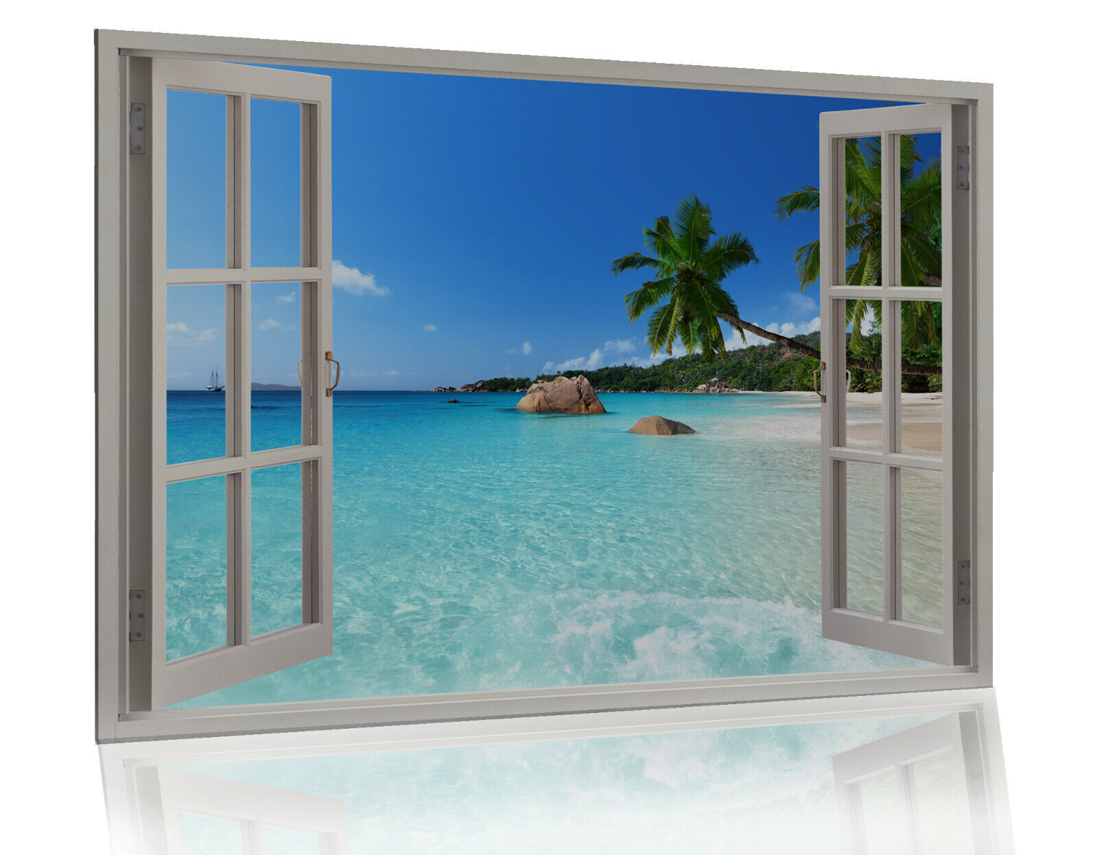 Tropical Beach Landscape View 3D Window Canvas Wall Art Picture Print - 2