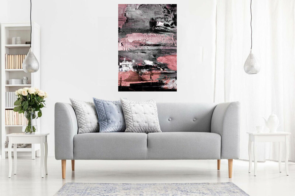 Pink Grey Black Paint Modern Abstract Canvas Wall Art Portrait Picture Print