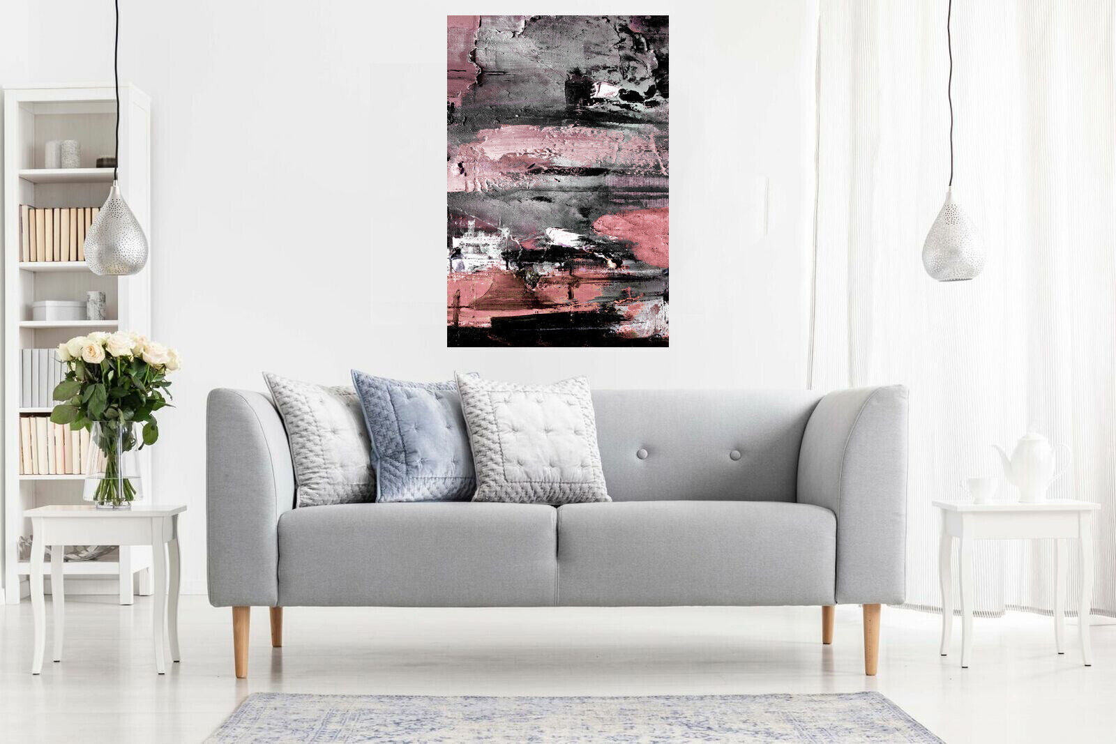 Pink Grey Black Paint Modern Abstract Canvas Wall Art Portrait Picture Print