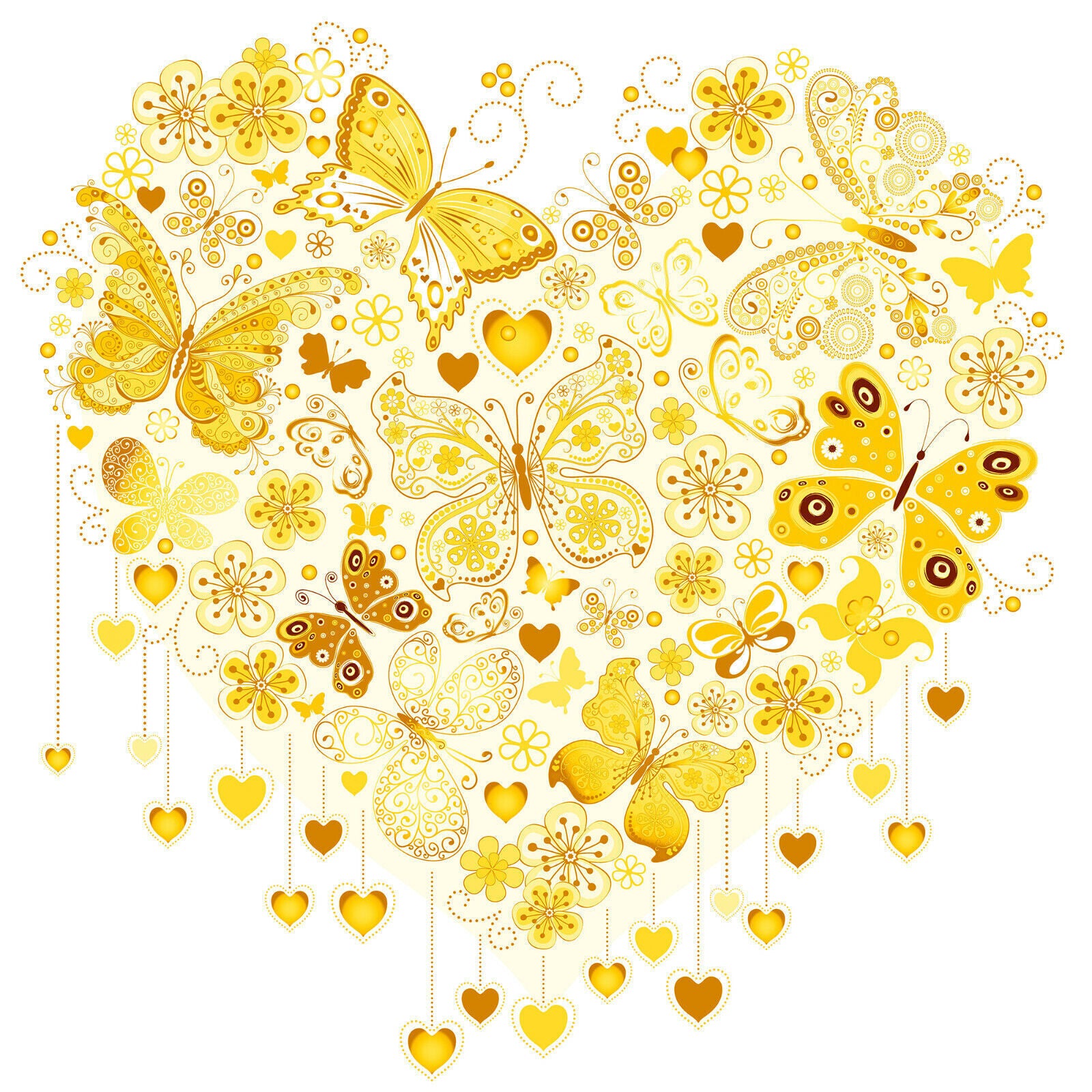 Yellow / Mustard Heart of Butterflies Abstract Canvas Wall Art Picture Print