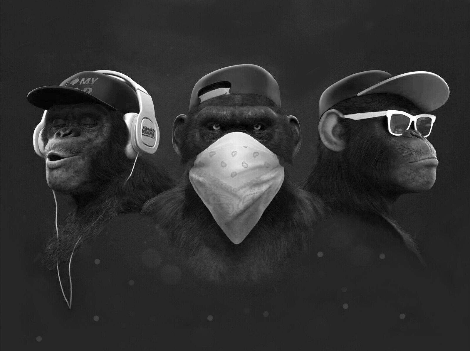 Black & white 3 Modern Wise Swag Monkeys Abstract Canvas Wall Art Picture Print