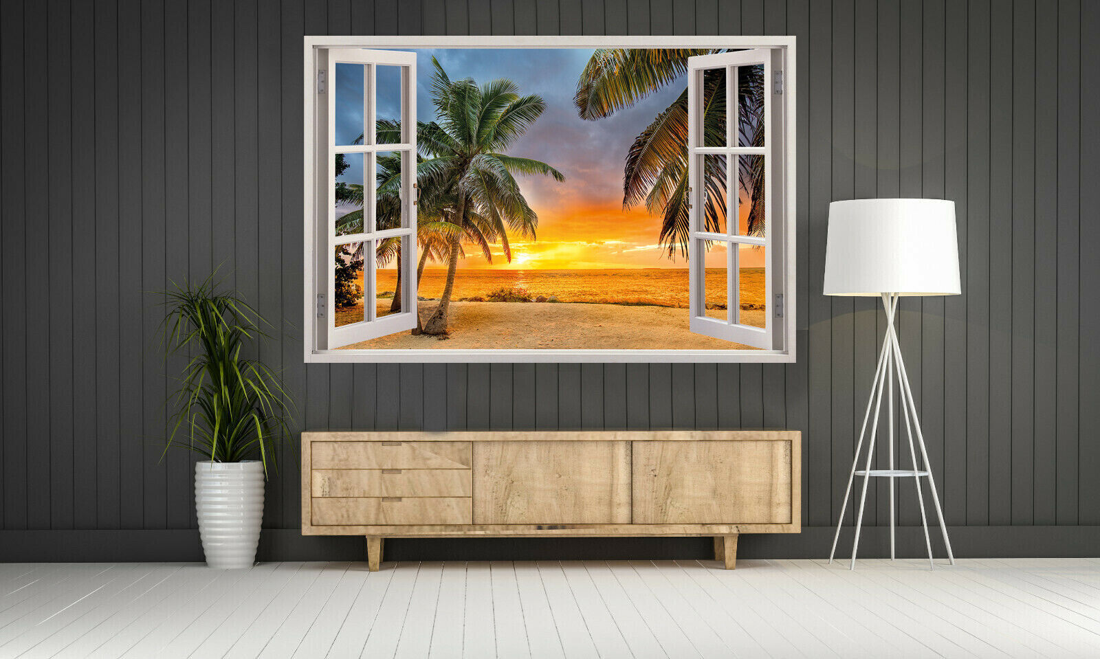 Beach Sunset View 3D Window Effect Canvas Wall Art Picture Print