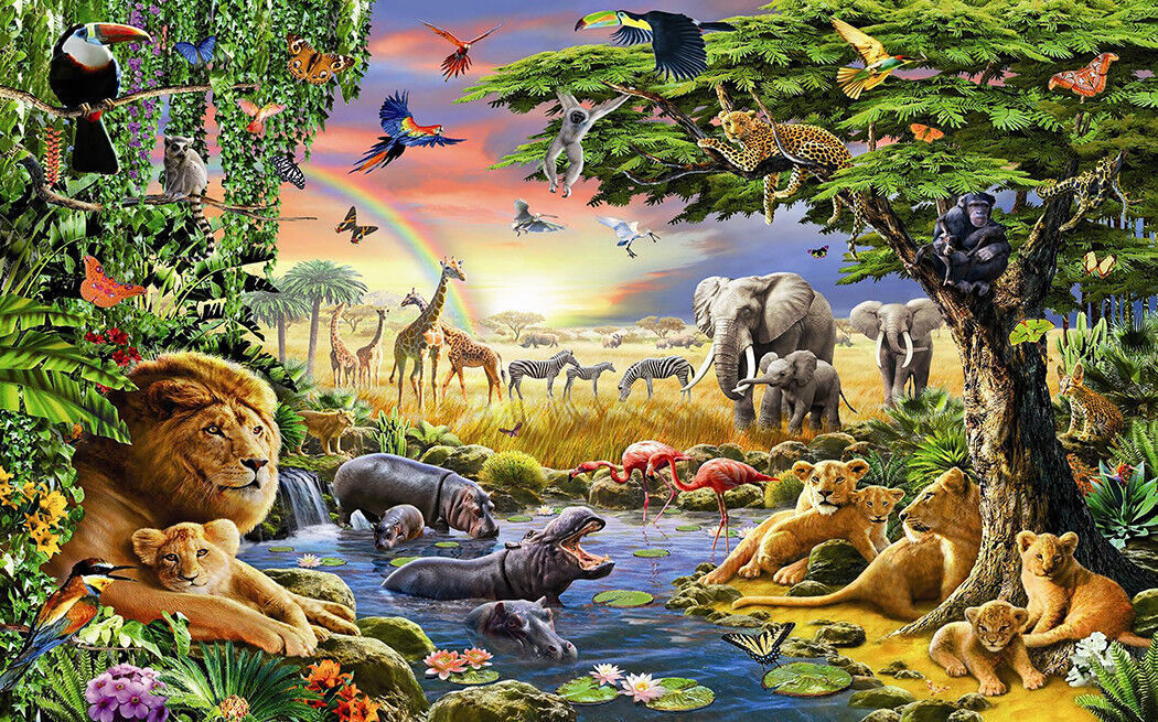 Colourful Animals Wildlife in Jungle Canvas Wall Art Picture Print Various Sizes