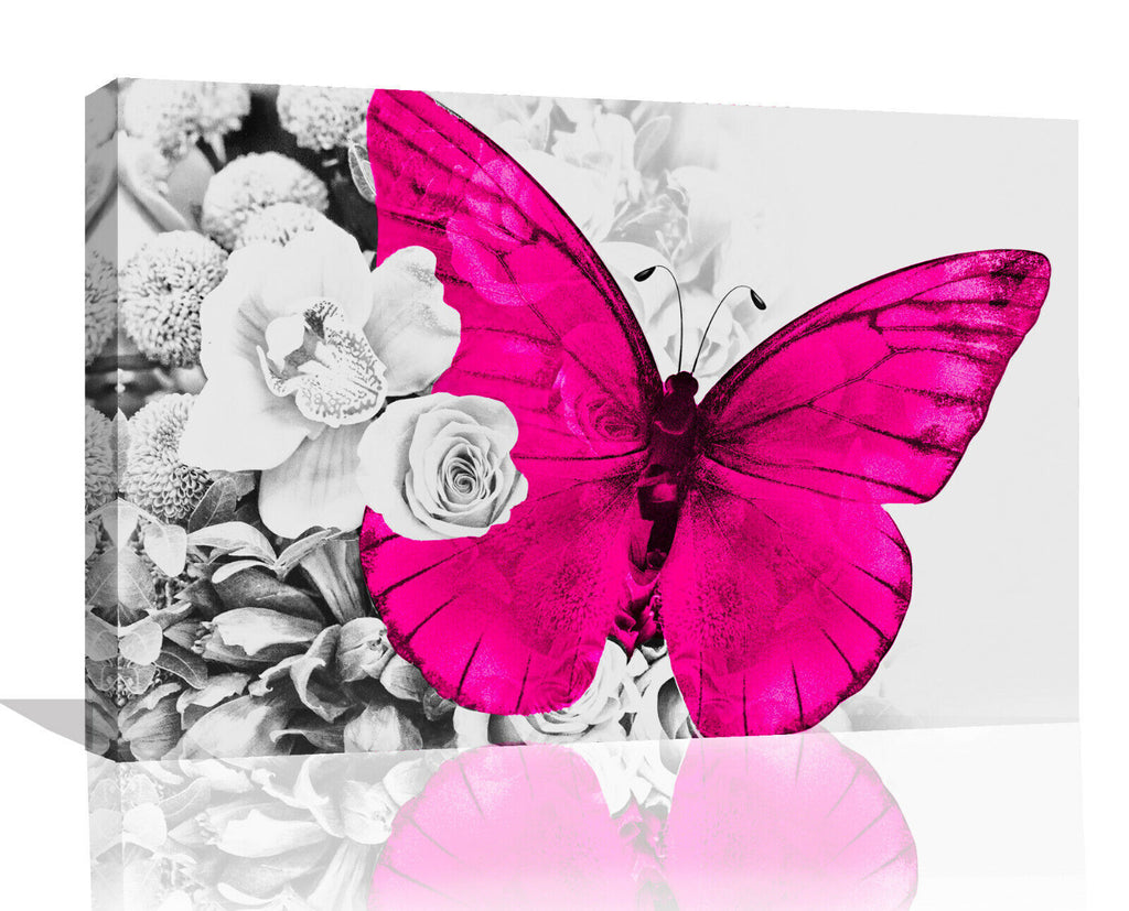 Pink butterfly on grey floral abstract background Canvas Wall Art Print