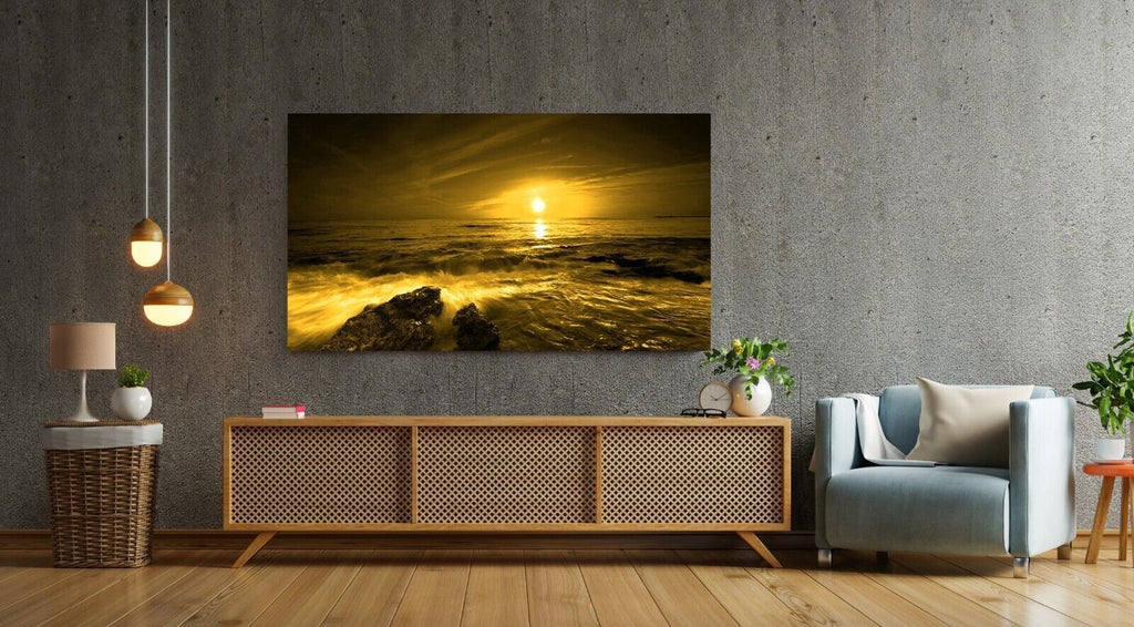 Sunset Over The Ocean seascape Yellow Canvas Wall Art Picture Print