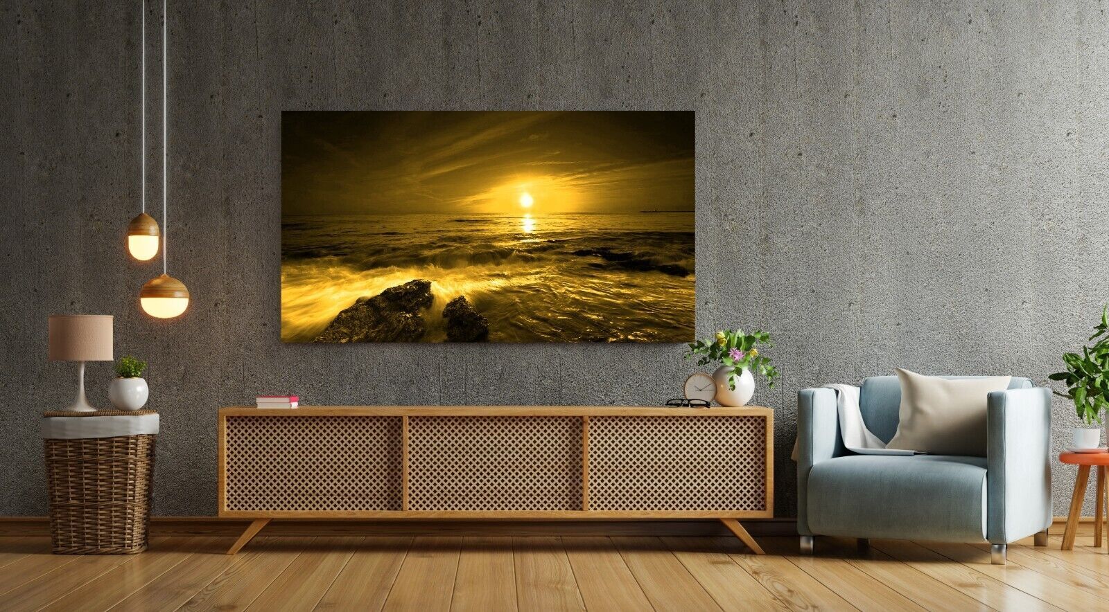 Sunset Over The Ocean seascape Yellow Canvas Wall Art Picture Print