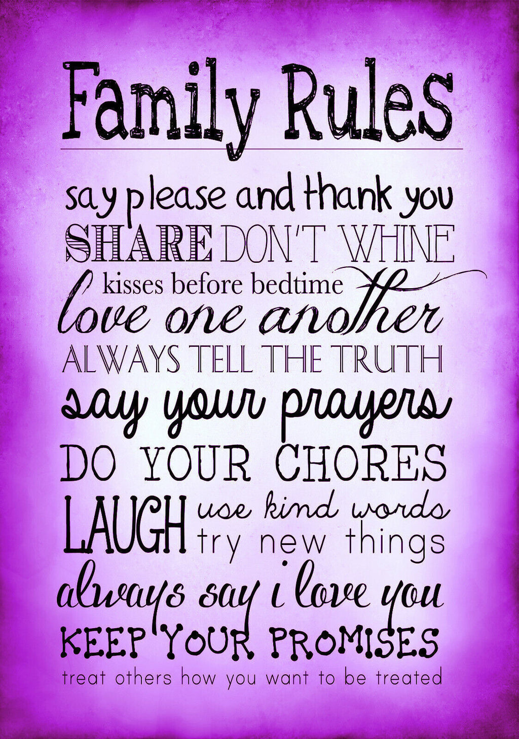 Purple Family Rules Quote, Canvas Wall Art Picture Print ALL SIZES, ANY COLOUR