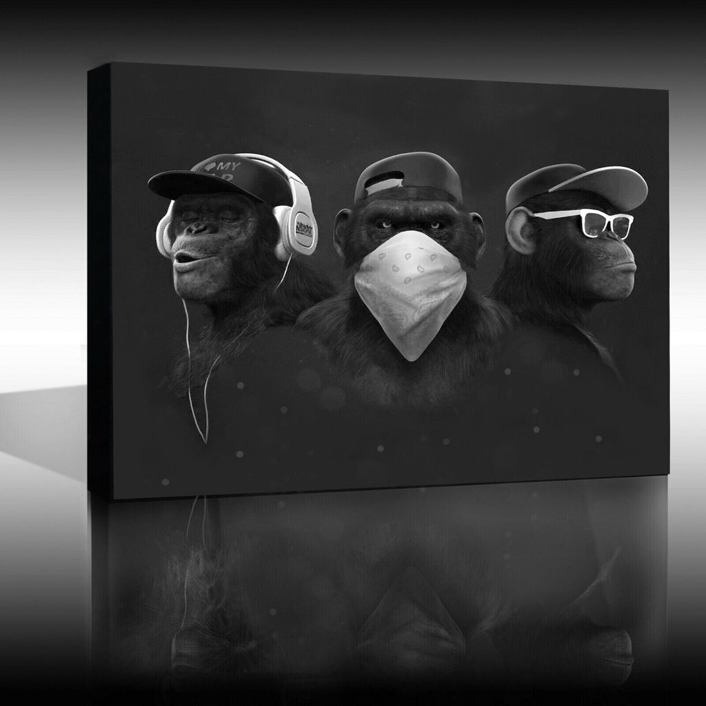 Black & white 3 Modern Wise Swag Monkeys Abstract Canvas Wall Art Picture Print