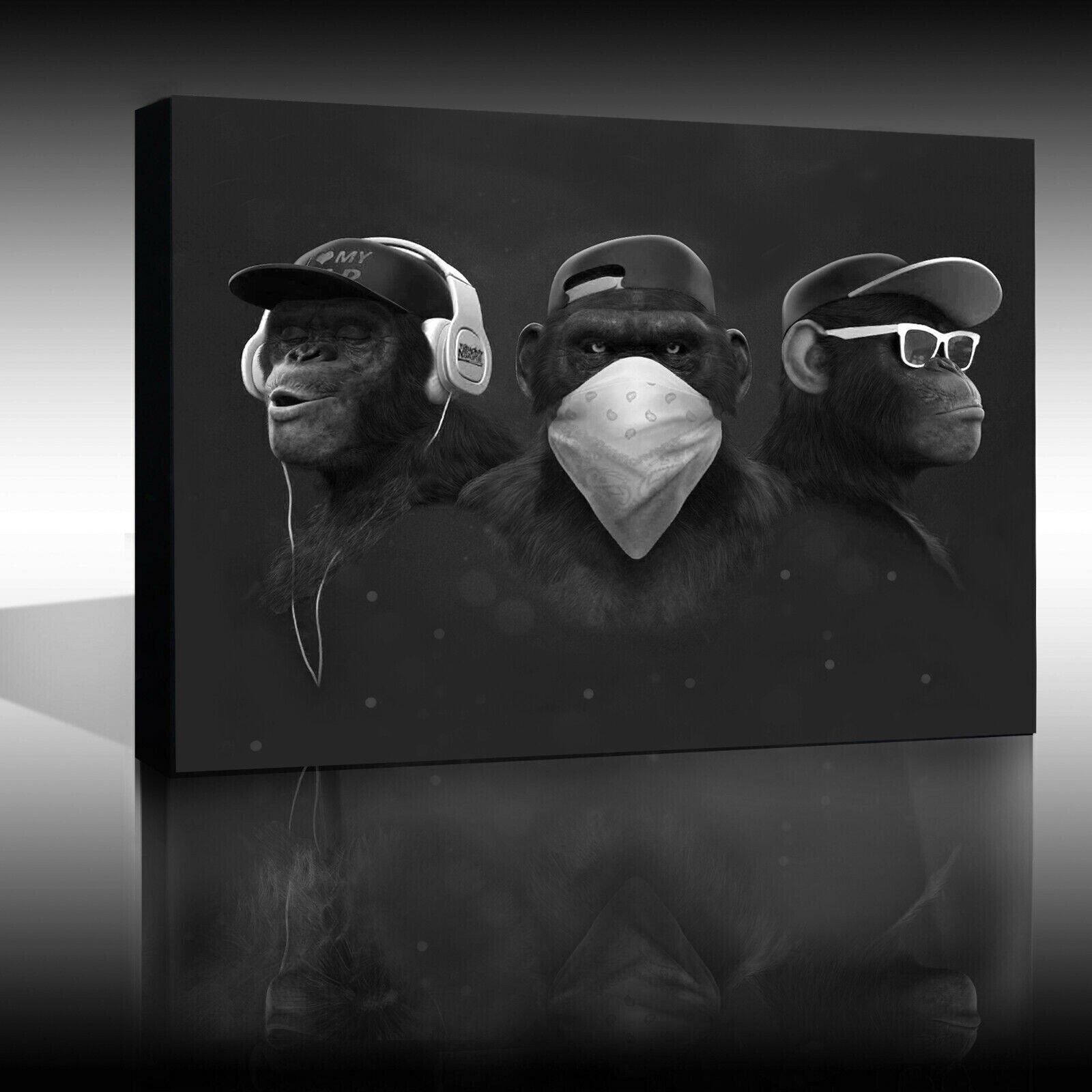 Black & white 3 Modern Wise Swag Monkeys Abstract Canvas Wall Art Picture Print