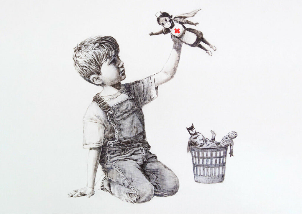 BANKSY NHS HEROES CANVAS WALL ART GRAFFITI PRINT - BLACK AND WHITE PICTURE