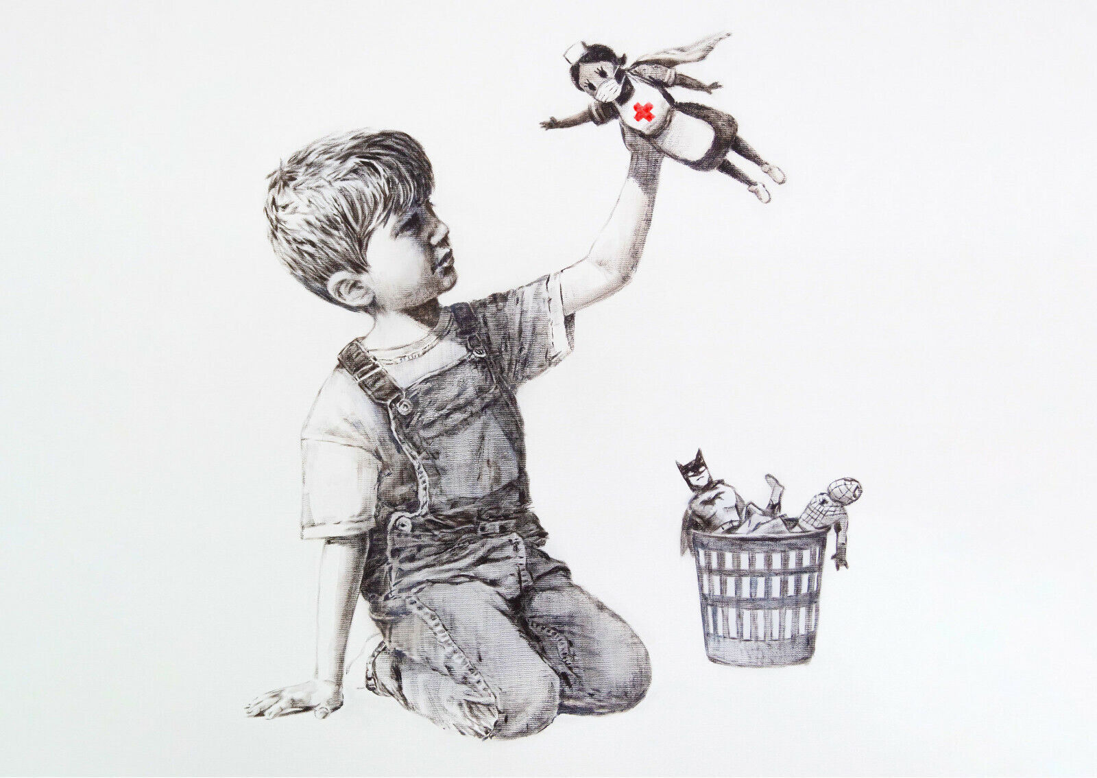 BANKSY NHS HEROES CANVAS WALL ART GRAFFITI PRINT - BLACK AND WHITE PICTURE