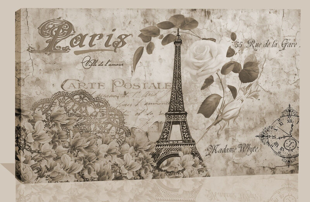 Sepia Brown Tones Abstract Canvas Wall Art Vintage Eiffel Tower Paris Romantic