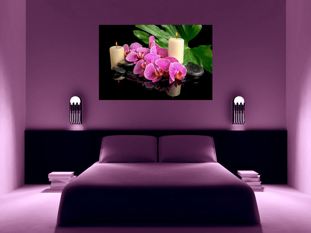 Pink Orchid Flowers Black Zen Stones Canvas Wall Art Picture Print - A0, A1, A2