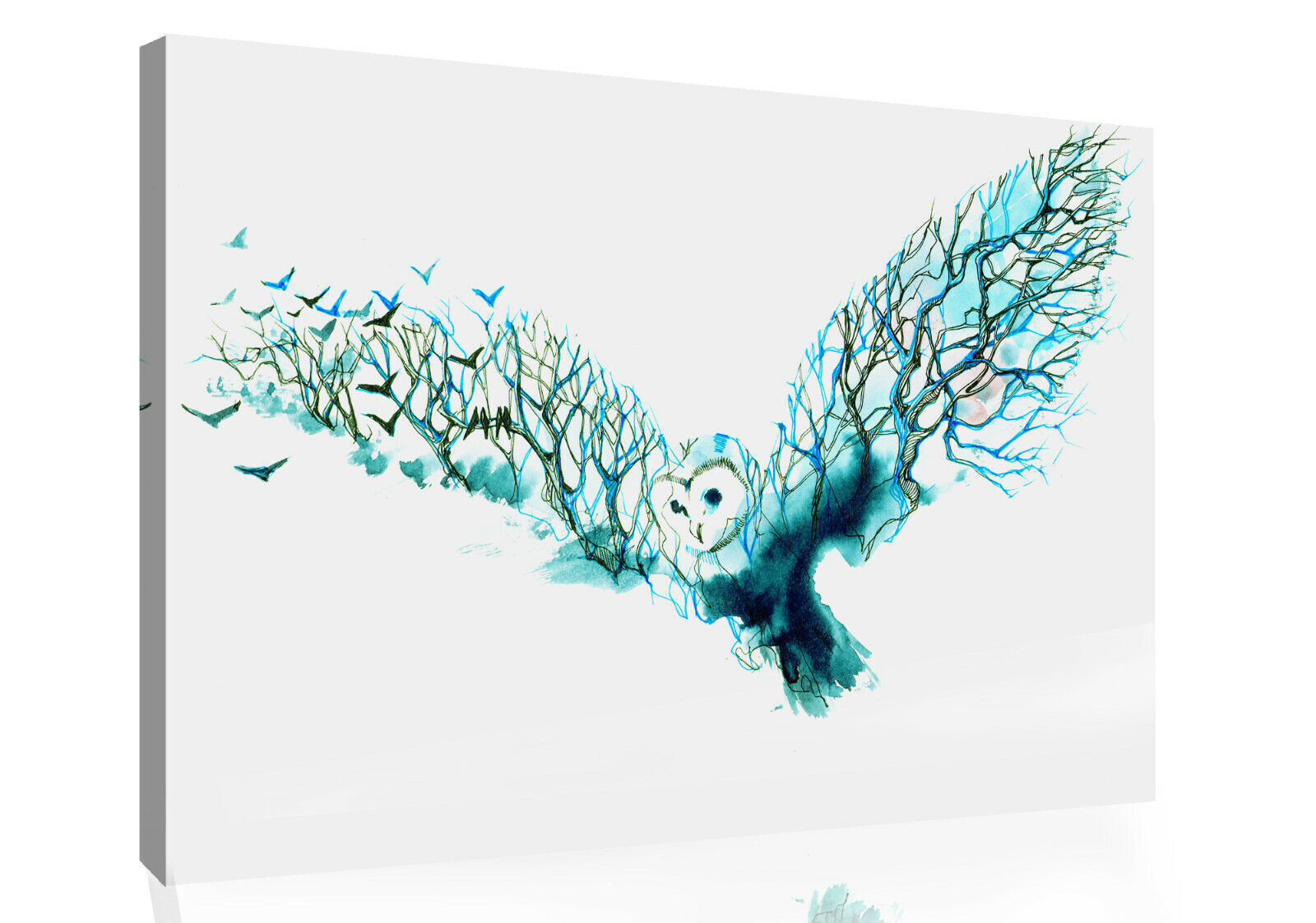BLUE TONES WATERCOLOUR ABSTRACT OWL TREE CANVAS PRINT WALL ART PICTURE