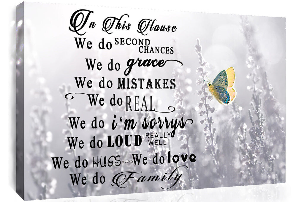 BUTTERFLY FAMILY HOUSE QUOTE ON BLACK WHITE GREY CANVAS WALL ART PRINT PICTURE