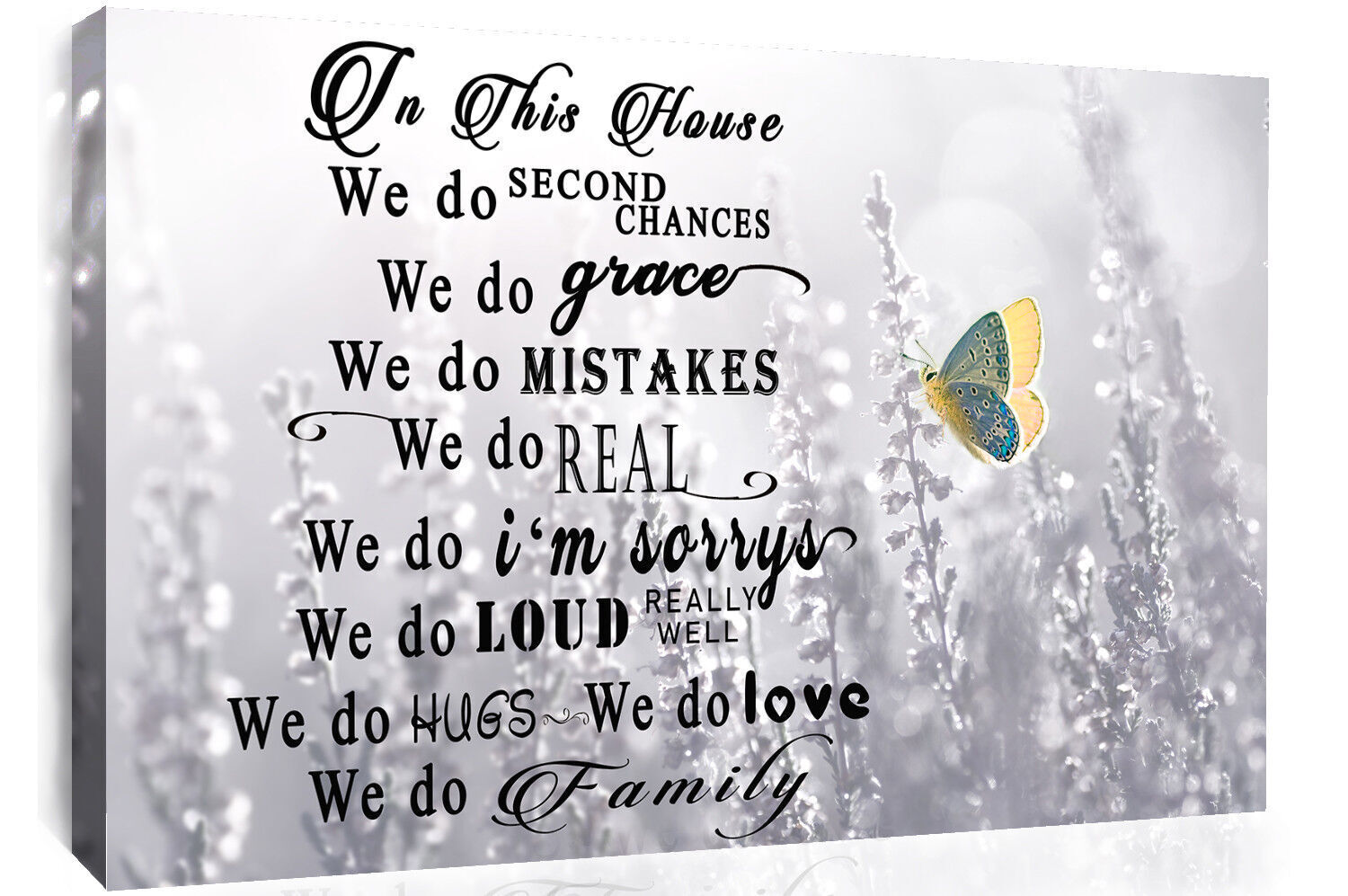 BUTTERFLY FAMILY HOUSE QUOTE ON BLACK WHITE GREY CANVAS WALL ART PRINT PICTURE