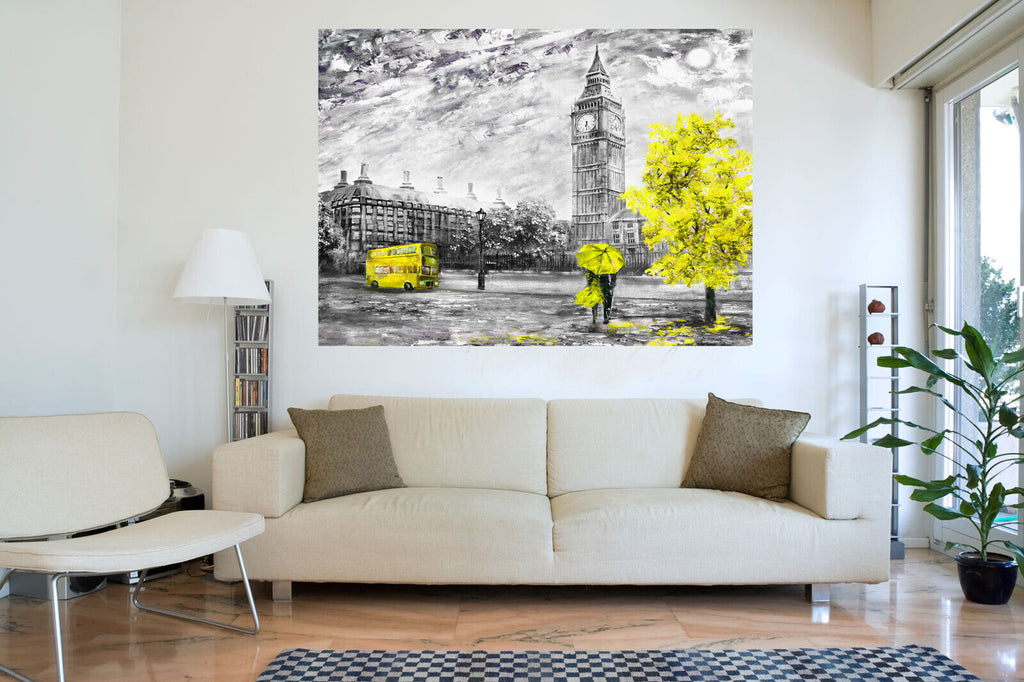 London Oil Painting Yellow Bus Umbrella Canvas Wall Art Picture Print