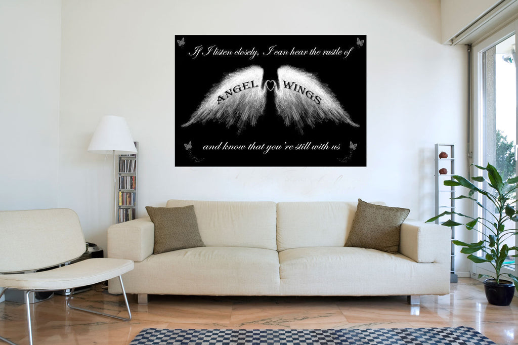 Angel Wings Wall Art Picture 'IF I Listen Closely' Quote Canvas Print Black