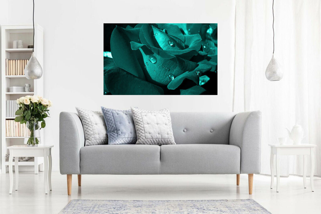 Close up Dark Teal Flower with raindrops Canvas Wall Art Picture Print