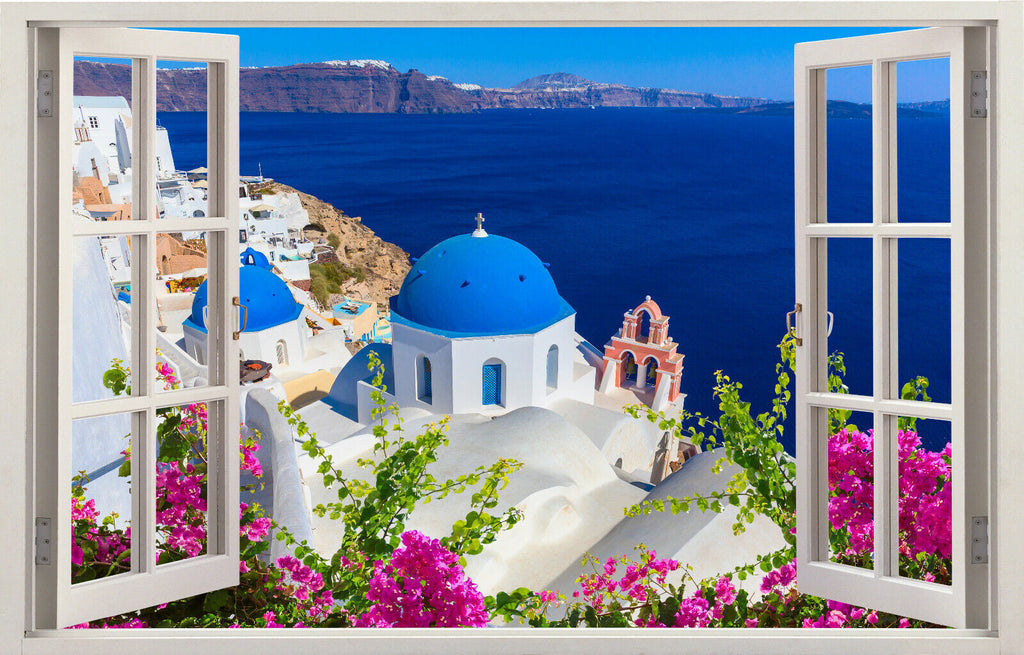Santorini Greece Landscape Through a Window Canvas Wall Art Print Picture