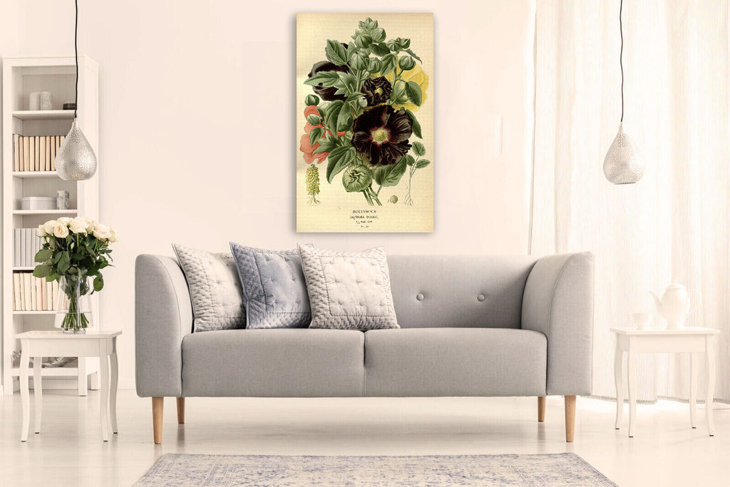 Vintage Hollyhock Floral Flowers Illustration CANVAS WALL ART Picture Print