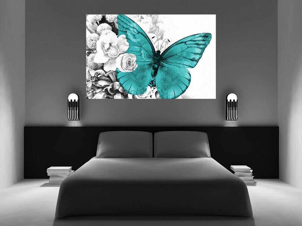 Duck Egg Blue butterfly on grey floral abstract background Canvas Wall Art Print